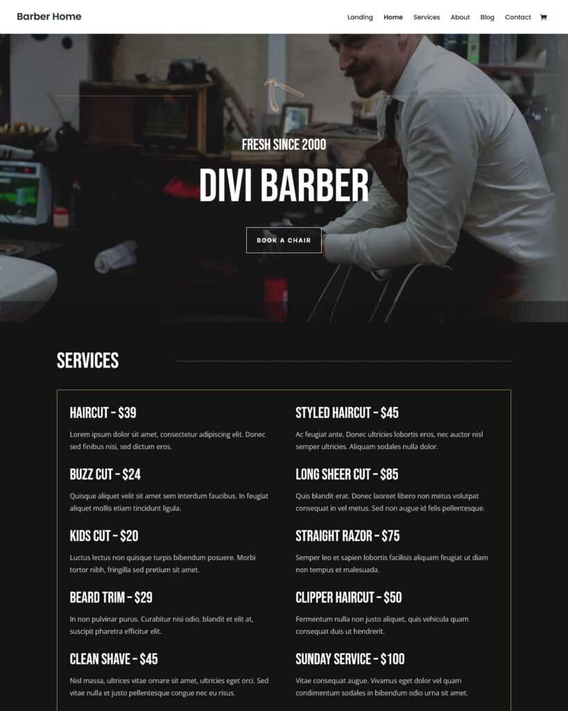 Divi Barber theme: one of best WordPress themes for barber shop