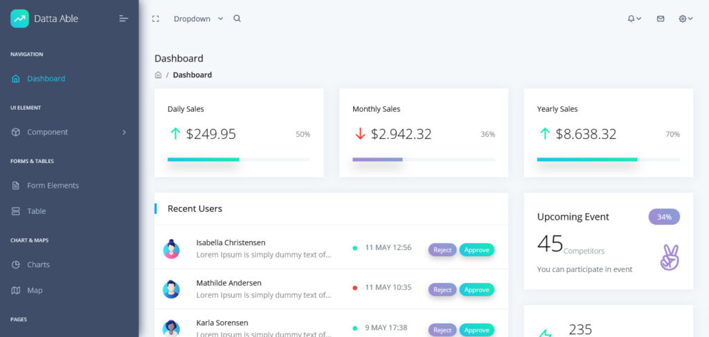 datta able free react admin template