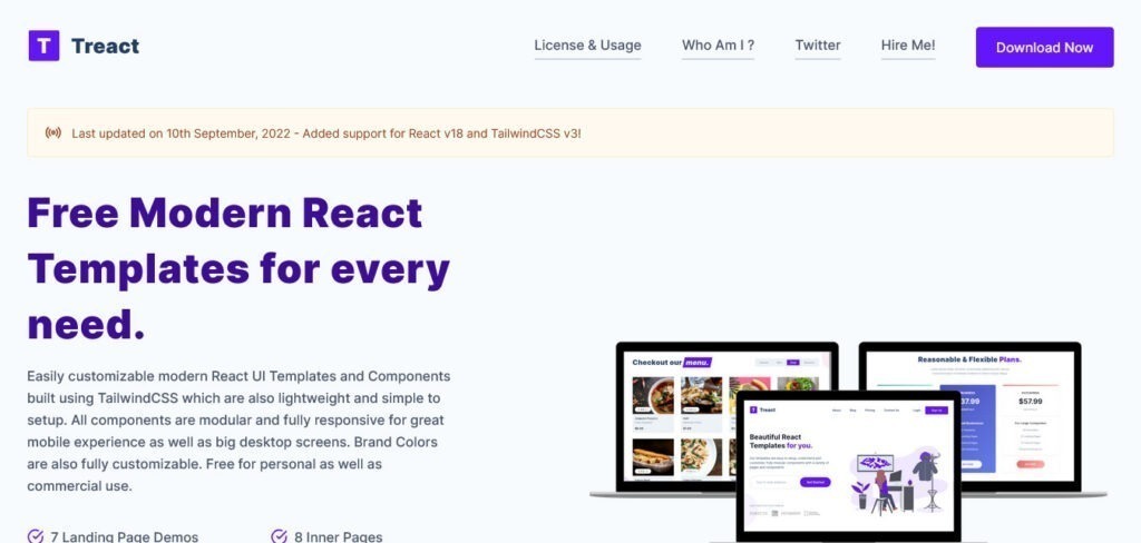 treact free react website template